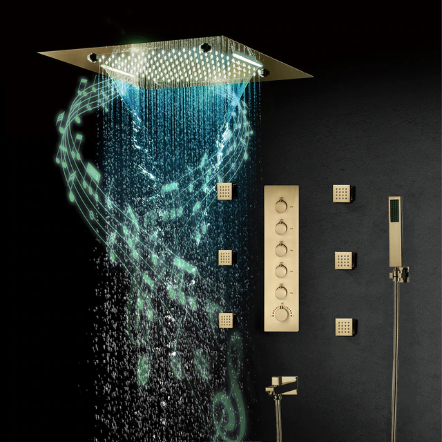 Brushed Gold Thermostatic Remote Controlled Waterfall Mist Rainfall LED Shower System with Body Jets and Hand Shower